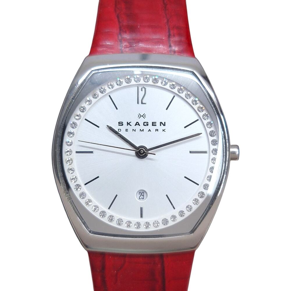 Skagen Klassik SKW2103 Womens Watch Red Leather Band Crystal Date Silver Tone